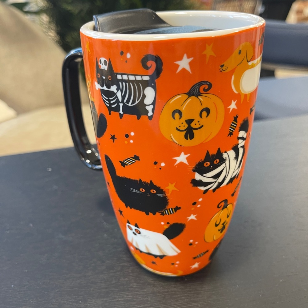 Halloween Dogs & Cats Dachshund Black Cat Ghost Dog Mummy Pumpkin Travel Mug NWT